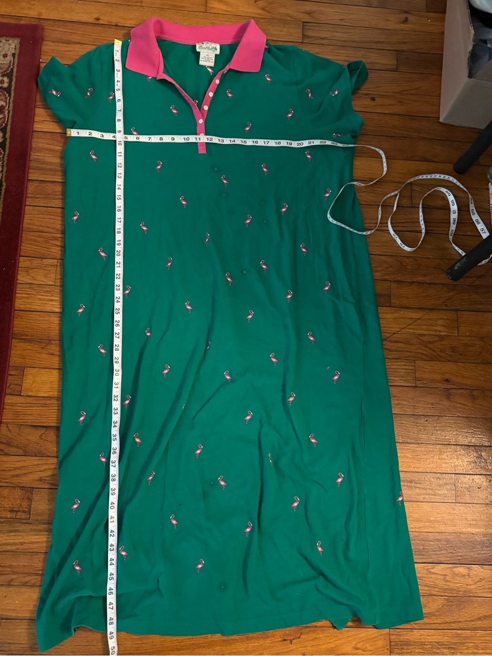 Quacker Factory Green Polo Midi Dress with Pink Collar and Flamingo Motif